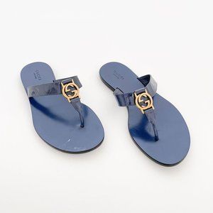 Gucci GG Thong Sandals Navy Blue EU 37.5 US 7.5 Flat Flip Flop Logo Interlocking
